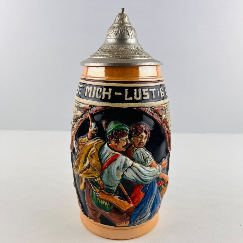 West Germany German Beer Stein Lustig Fass' Mich Fullen und Leeren Nimmer Entbeh